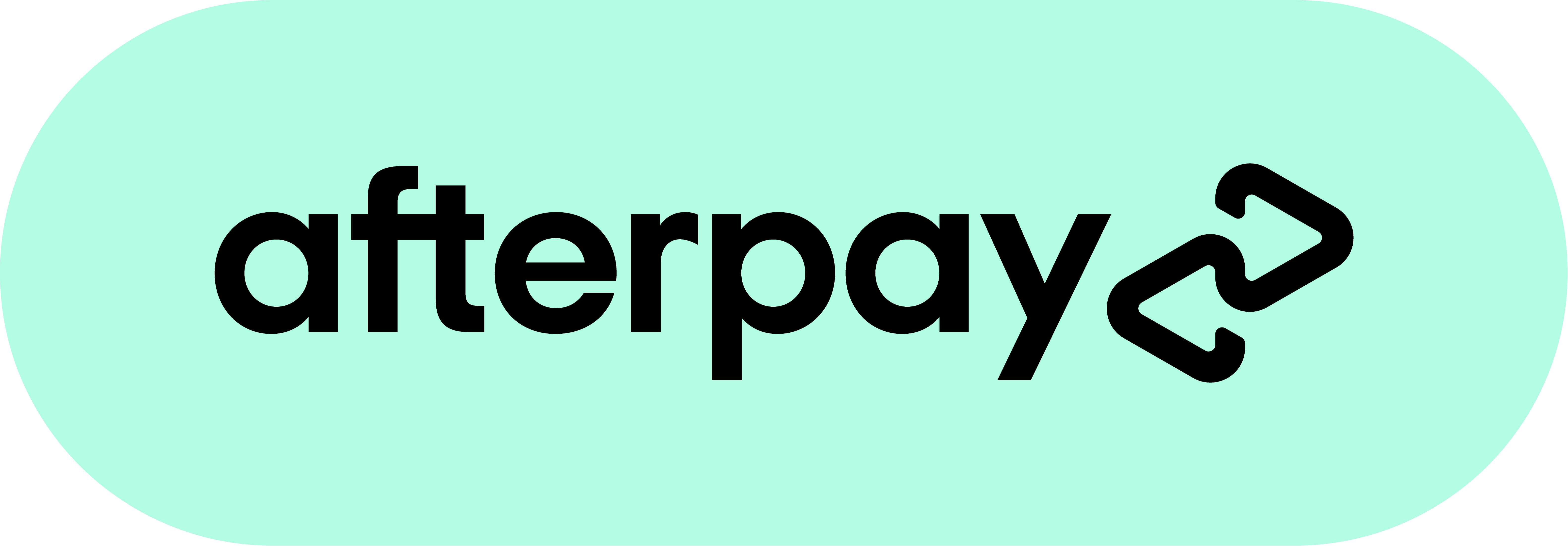 Afterpay logo on a mint background with bold black lettering and a linked arrow design.